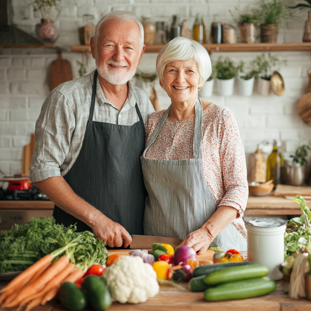Smiling elderly European woman preparing healthy meal in modern kitchen, showing joy and satisfaction with nutritious cooking