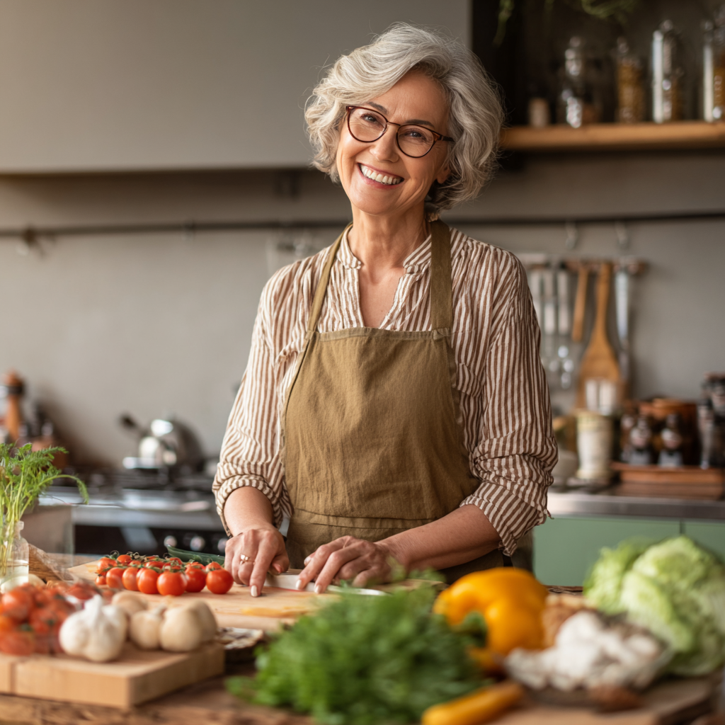 Elderly European man enjoying healthy meal with vegetables and fruits, showing contentment and positive relationship with nutritious food