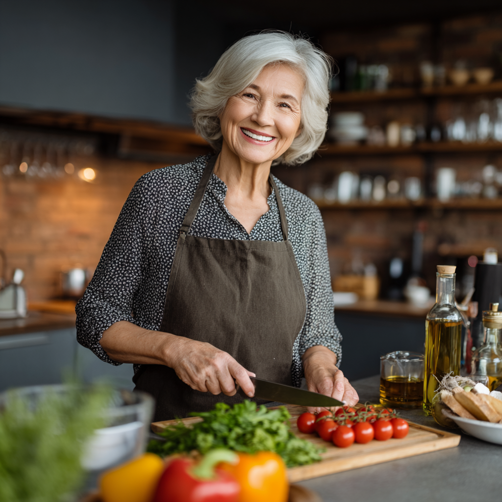 Senior European woman preparing fresh vegetables in bright kitchen, demonstrating healthy cooking practices and meal preparation